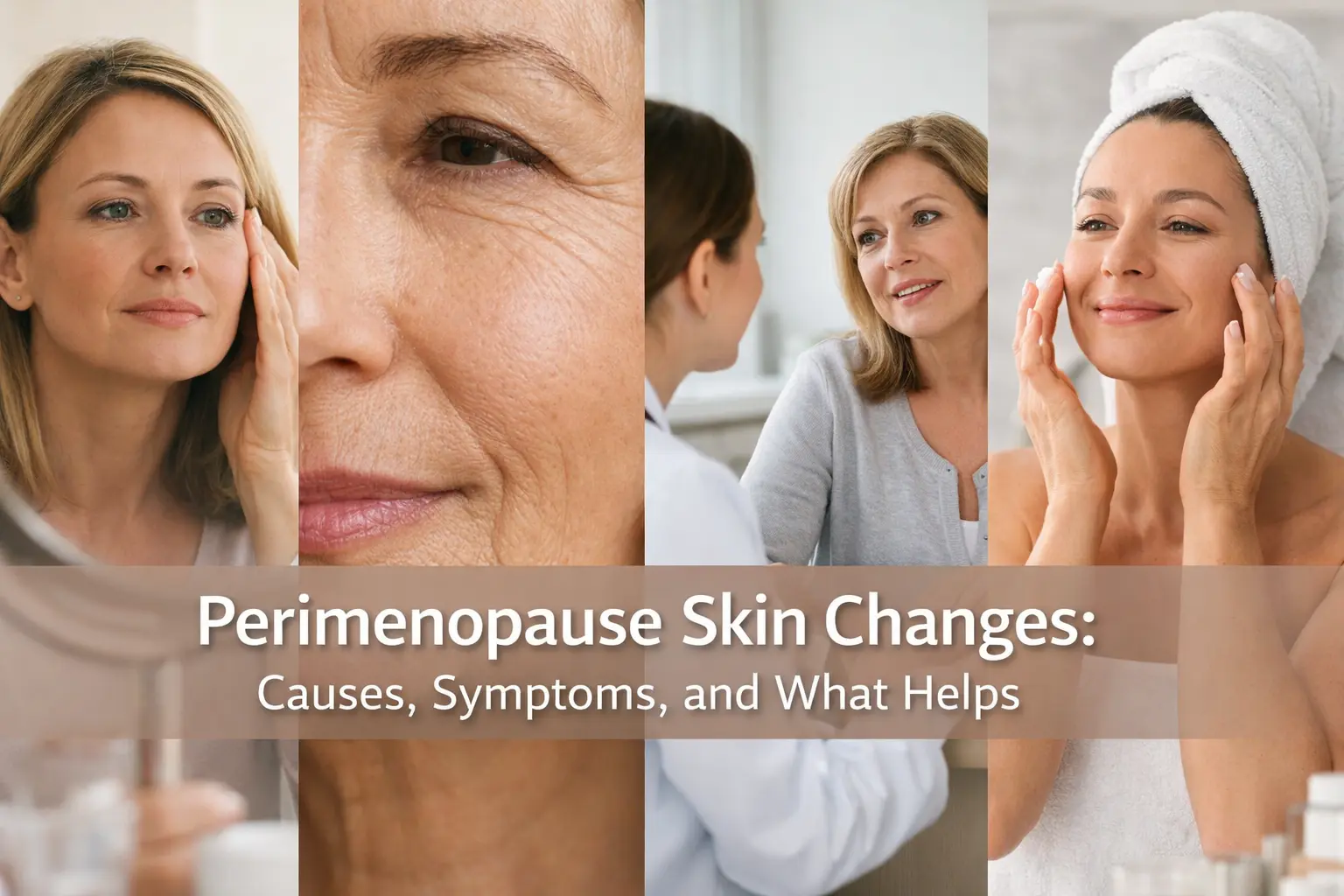 Horizontal featured image of a midlife woman examining her skin in a mirror with overlaid text reading “Perimenopause Skin Changes: Causes, Symptoms, and What Helps.”