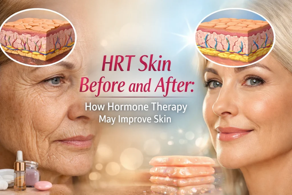 HRT skin before and after comparison showing improved facial skin texture and hydration with hormone therapy, alongside illustrations of healthier skin structure.