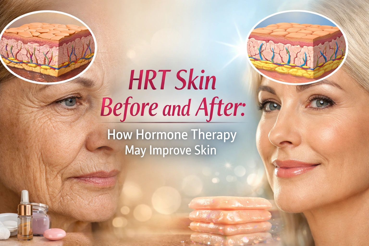 HRT skin before and after comparison showing improved facial skin texture and hydration with hormone therapy, alongside illustrations of healthier skin structure.