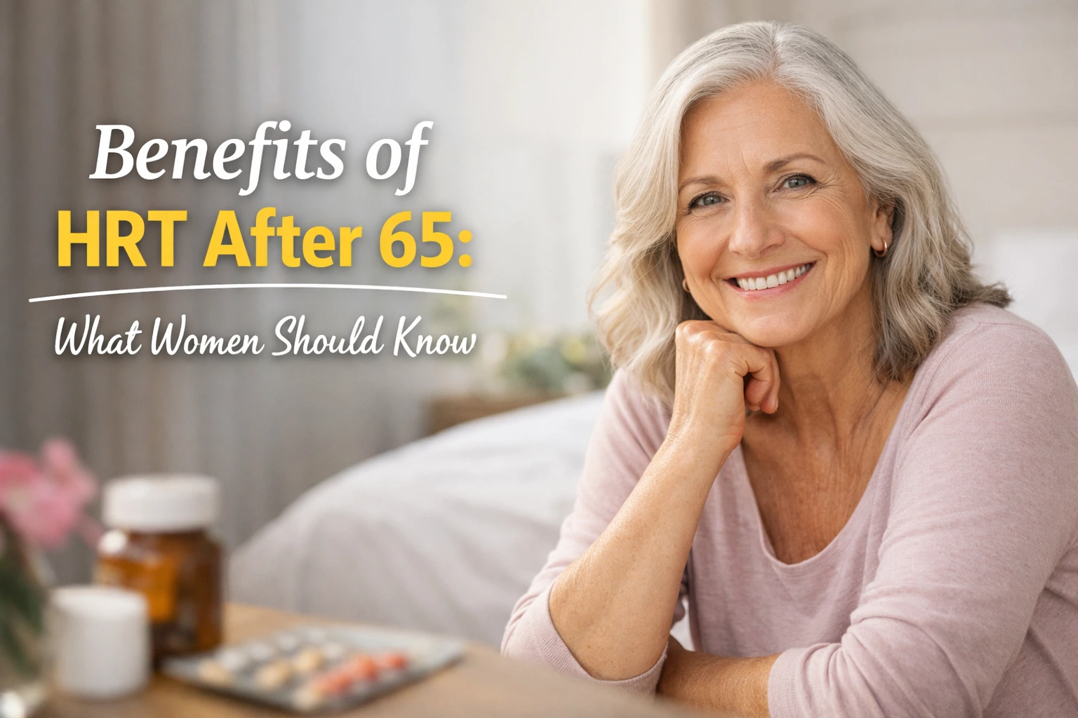 Horizontal featured image showing an older woman smiling comfortably in a bright home setting with overlay text reading “Benefits of HRT After 65: What Women Should Know.”