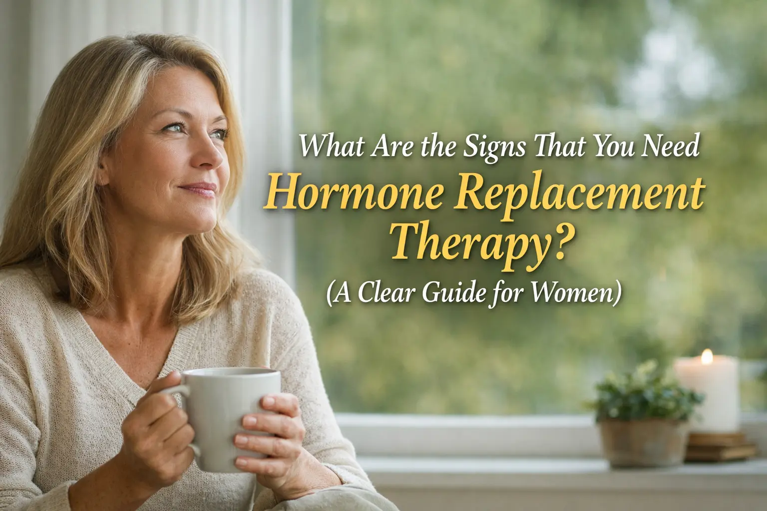 Middle-aged woman holding a mug by a window with overlay text reading “What Are the Signs That You Need Hormone Replacement Therapy? (A Clear Guide for Women)”