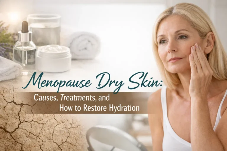 Woman applying moisturizer to her face with soft neutral background and overlaid text reading “Menopause Dry Skin: Causes, Treatments, and How to Restore Hydration”