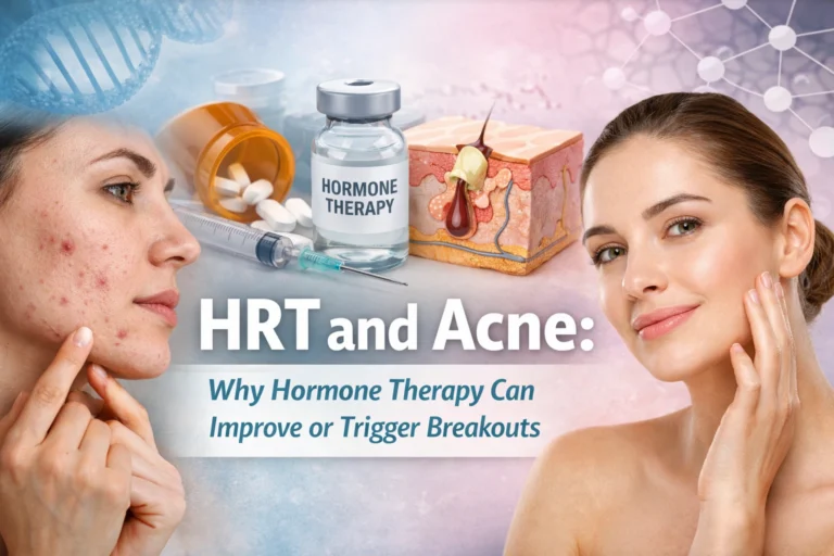 Horizontal featured image showing a woman examining her skin in a mirror with a soft, clinical background. Overlaid text reads “HRT and Acne: Why Hormone Therapy Can Improve or Trigger Breakouts.”