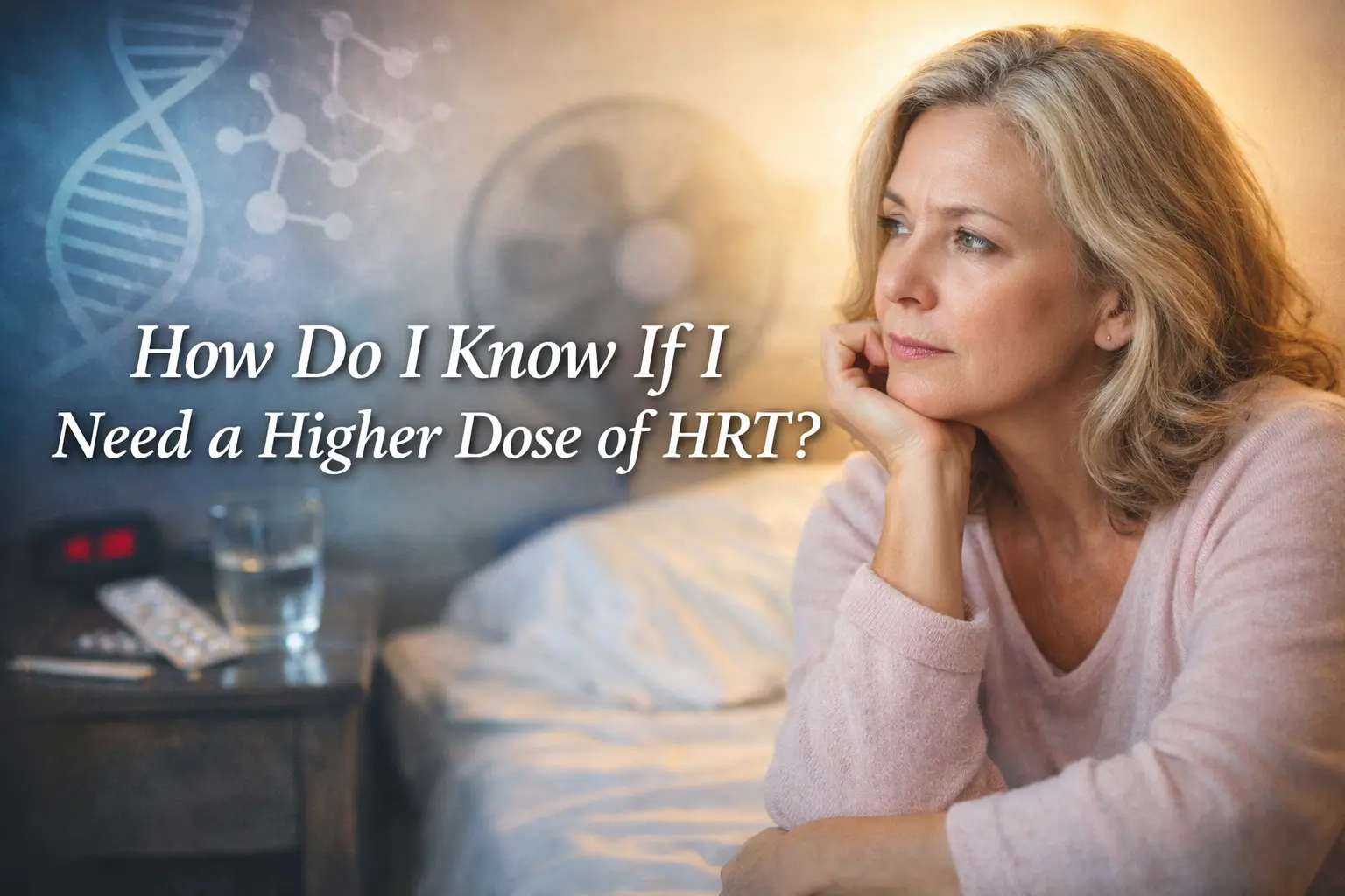 Thoughtful middle-aged woman sitting beside a bed with soft lighting, contemplating symptoms, with overlaid text reading “How Do I Know If I Need a Higher Dose of HRT?” conveying menopause hormone therapy decision-making.
