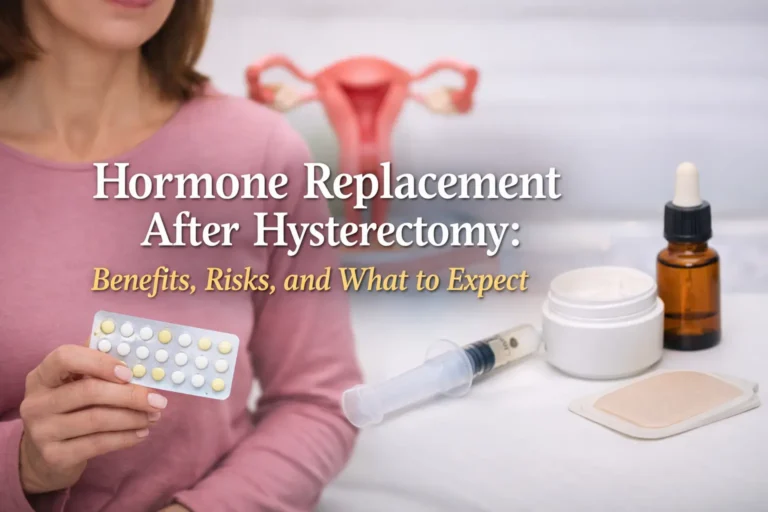 Woman holding hormone therapy pills with medical items including cream, dropper bottle, patch, and syringe, with text “Hormone Replacement After Hysterectomy: Benefits, Risks, and What to Expect”.