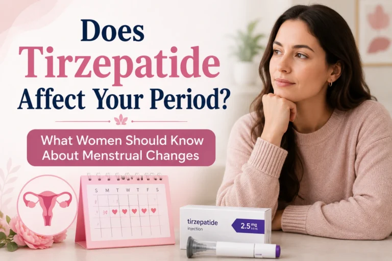 Woman holding her lower abdomen with a concerned expression while reviewing a calendar, representing menstrual cycle changes and hormones associated with tirzepatide use. Overlay text reads: “Does Tirzepatide Affect Your Period? What Women Should Know About Menstrual Changes”.