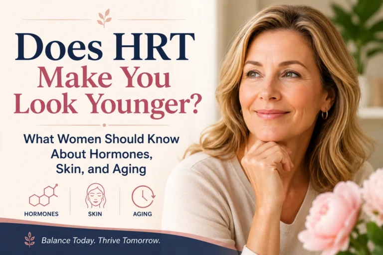 Smiling middle-aged woman with healthy glowing skin beside text reading “Does HRT Make You Look Younger? What Women Should Know About Hormones, Skin, and Aging” on a soft feminine background.