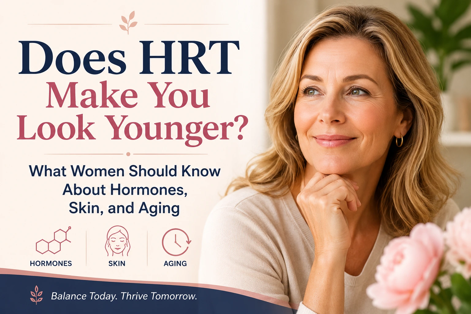 Smiling middle-aged woman with healthy glowing skin beside text reading “Does HRT Make You Look Younger? What Women Should Know About Hormones, Skin, and Aging” on a soft feminine background.