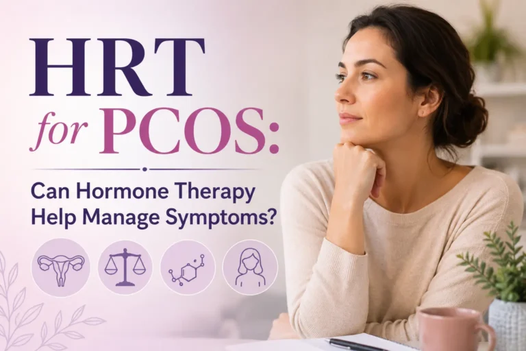 Woman sitting thoughtfully beside text reading “HRT for PCOS: Can Hormone Therapy Help Manage Symptoms?” with soft wellness-themed graphics and hormone-related medical icons in a calming pastel design.