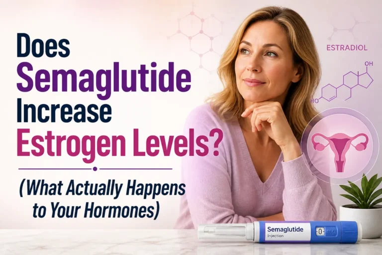 Horizontal featured image showing a woman thoughtfully looking to the side with medical graphics, a semaglutide injection pen, and overlaid text reading “Does Semaglutide Increase Estrogen Levels? (What Actually Happens to Your Hormones)”.