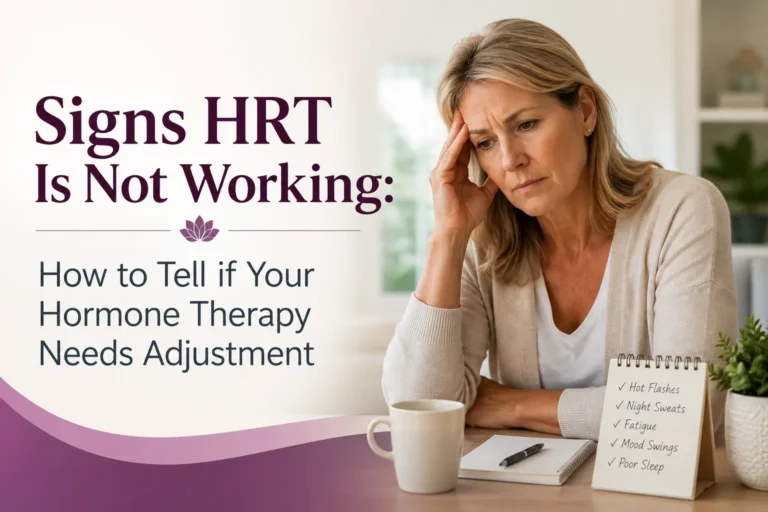 Woman looking concerned. The image includes the text "Signs HRT Is Not Working: How to Tell if Your Hormone Therapy Needs Adjustment" and represents common menopause symptoms, hormone imbalance, and HRT treatment evaluation.