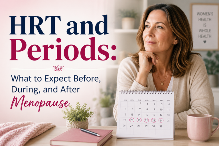 Woman in her 40s or 50s reviewing health information with a calm, confident expression, representing menopause and hormone replacement therapy. The image includes the text: "HRT and Periods: What to Expect Before, During, and After Menopause."