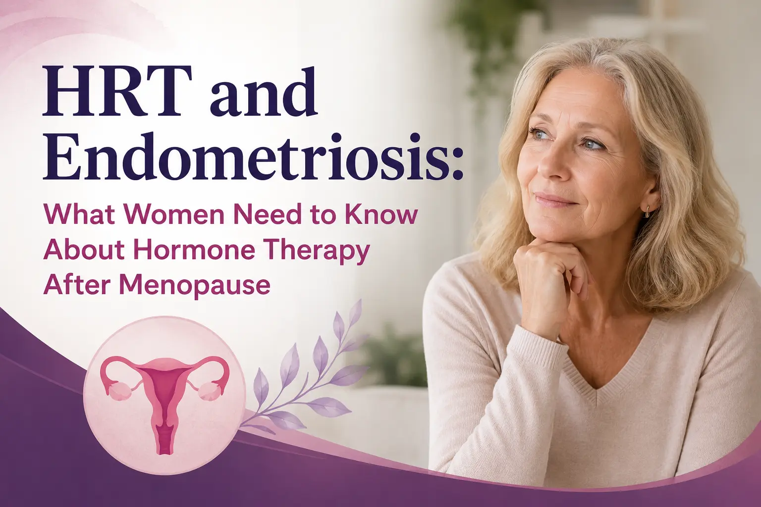 Featured image for an article about HRT and endometriosis showing a middle-aged woman seated indoors with a thoughtful expression. The image includes a medical illustration of the female reproductive system and overlaid text reading, "HRT and Endometriosis: What Women Need to Know About Hormone Therapy After Menopause." The design uses soft pink and purple tones associated with women's health and menopause care.
