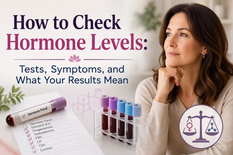 A healthcare professional reviews hormone test results with a woman in a modern medical office. Laboratory charts, blood test data, and hormone-related graphics are displayed in the background. Overlaid text reads, “How to Check Hormone Levels: Tests, Symptoms, and What Your Results Mean.”